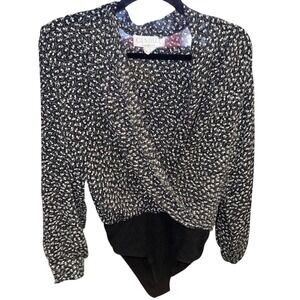 Gemilli Vintage Long Sleeve Bodysuit Black White Floral Wrap Front Made in USA M